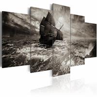 Karo-art Schilderij - Schip in zware Storm, 5luik , zwart wit , wanddecoratie , premium print op canvas