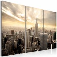 Karo-art Schilderij - New York City - Prachtige Zonsondergang, Beige, 3luik, premium print