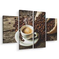 Karo-art Schilderij - Een kop hete koffie en bonen, horeca, 4 luik, premium print