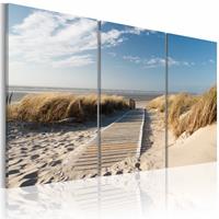 Karo-art Schilderij - Uitzicht op Noordzee, 3luik , beige blauw , wanddecoratie , premium print op canvas