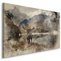 Karo-art Schilderij - Hert met landschap (print op canvas), bruin, premium print