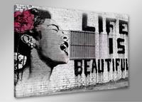 Karo-art Schilderij - Banksy Life, Zwart-Wit/Roze, 80X60cm, 1luik