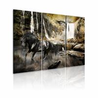 Karo-art Schilderij - Zwart Paard voor Waterval, zwart/groen, premium print , Wanddecoratie, 3luik