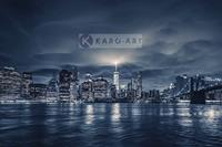 Karo-art Schilderij - Zicht op Manhattan 's nachts, NYC, blauw