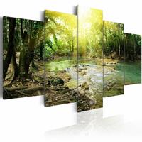 Karo-art Schilderij - Rivier door het bos, 5luik, groen/bruin , premium print op canvas