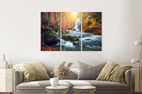 Karo-art Schilderij - Waterval in bos, herfst, 3 luik, 120x80cm premium print