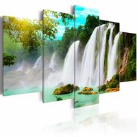 Karo-art Schilderij - Waterval, Blauw/Groen/Wit, wanddecoratie, 5luik , premium print op canvas