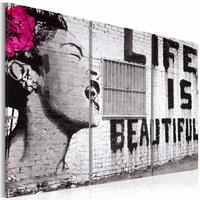 Karo-art Schilderij - Banksy - Life is Beautiful, Zwart-Wit, 3luik , ,wanddecoratie , premium print op canvas