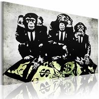 Karo-art Schilderij - Banksy - Geld is een probleem II , zwart wit geel , wanddecoratie , premium print op canvas