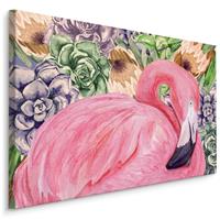 Karo-art Schilderij - Roze Flamingo en bloemen (print op canvas), 4 maten, premium print