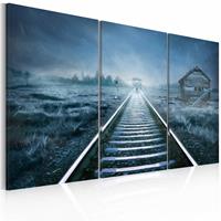 Karo-art Schilderij - Reis in de Mist, Blauw, 3luik , wanddecoratie , premium print op canvas