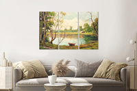 Karo-art Schilderij - Boot op meer, print op canvas , Multikleur , 3 luik , Premium print