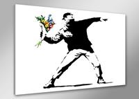 Karo-art Schilderij - Banksy Boeket, Flower thrower, Zwart-Wit, 80X60cm, 1luik