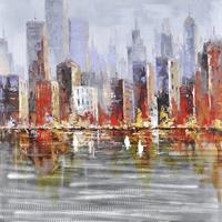 Karo-art Schilderij -Handgeschilderd - Skyline - multikleur - 100x100cm