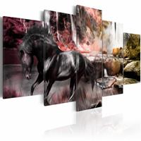 Karo-art Schilderij - Zwart Paard voor Waterval V, Wanddecoratie , print op canvas , 5luik