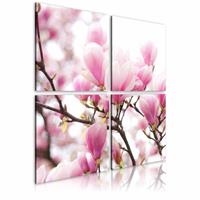 Karo-art Schilderij - Bloeiende magnolia boom , wit roze , 4 luik