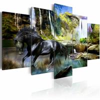 Karo-art Schilderij - Zwart Paard voor Waterval IV, zwart/groen/blauw, Premium print , wanddecoratie ,5luik