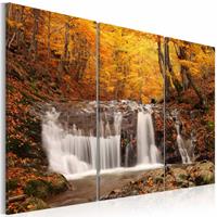 Karo-art Schilderij - Waterval in de Herfst, 3luik , oranje wit , premium print op canvas