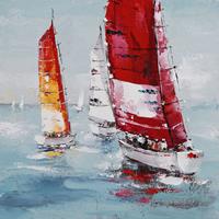 Karo-art Schilderij - Handgeschilderd - Zeilboten op zee, olieverf, 100x100 cm.