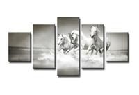 Karo-art Schilderij - Galopperende Paarden, Grijs/Wit, 160X80cm, 5luik