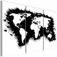 Karo-art Schilderij - Wereldkaart - Monochromatisch kaart van de Wereld, Zwart-Wit, 3luik , premium print op canvas