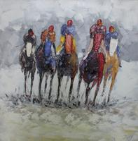 Karo-art Schilderij - Handgeschilderd - Paardenrace 100x100cm