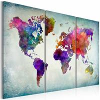 Karo-art Schilderij - Wereldkaart - Wereld in Kleuren, 3luik , multikleur , wanddecoratie , premium print op canvas