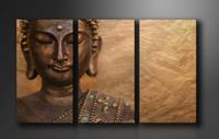 Karo-art Schilderij - Boeddha, Bruin, 160X90cm, 3luik