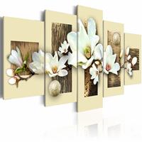 Karo-art Schilderij - Textuur en magnolia , wit beige , 5 luik