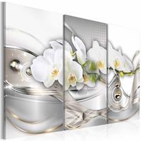 Karo-art Schilderij - Sensueel Chique - Orchidee , wit zilver look , 3 luik