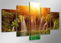 Karo-art Schilderij - Waterval, Groen/Oranje, 160X80cm, 5luik