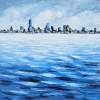 Karo-art Schilderij -Handgeschilderd - Skyline - blauw wit - 100x100cm