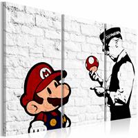 Karo-art Schilderij - Mario Bros - Banksy , muurschildering , 3 luik , zwart wit