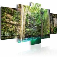 Karo-art Schilderij - Waterval van Bomen, Groen/Bruin, print op canvas, 5luik