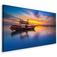 Karo-art Schilderij - Boot op een meer bij zonsondergang , Wanddecoratie , Premium print