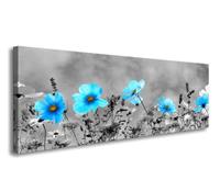 Karo-art Schilderij - Veld Bloemen, Blauw/Grijs, 120X40cm, 1luik