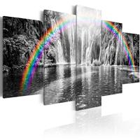 Karo-art Schilderij - Regenboog bij grijze waterval , 5 luik