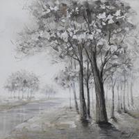 Karo-art Schilderij -Handgeschilderd - Oever met bomen , zwart wit 100x100cm