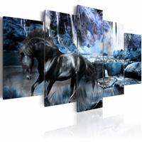 Karo-art Schilderij - Paard en waterval , zwart blauw , 5 luik