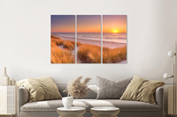 Karo-art Schilderij - Duinen en strand bij zonsondergang Texel, 120x80cm , 3 luik , Wanddecoratie