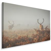 Karo-art Schilderij - Herten in de mist, 4 maten, premium print, wanddecoratie