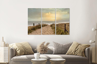 Karo-art Schilderij - Zonsondergang Noordzee , 120x80cm, 3 luik , Wanddecoratie