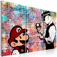 Karo-art Schilderij - Regenboog muur - Banksy , mario bros , 3 luik , multi kleur