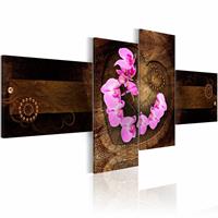 Karo-art Schilderij - Orchidee op hout , bruin roze , 4 luik , hout look