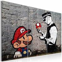 Karo-art Schilderij - Super Mario Mushroom Cop - Banksy , paddenstoel politie , 3 luik , grijs rood