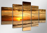 Karo-art Schilderij - Zonsondergang boven zee, 100x50 cm. 5 luik, wanddecoratie