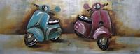 Karo-art Schilderij - Handgeschilderd - Retro scooters 150x60cm