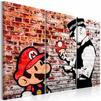 Karo-art Schilderij - Muurschildering op baksteen - Banksy , rood , mario bros , 3 luik