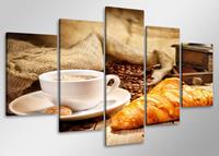 Karo-art Schilderij - Koffie en croissants, 100x50 cm. 5 luik, wanddecoratie