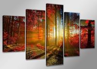 Karo-art Schilderij - Zonsondergang door de Bomen, Rood/Oranje, 160X80cm, 5luik